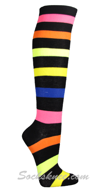 Neon Colors Striped Black Ladies Fashion Knee High Socks - Click Image to Close