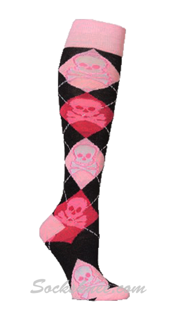 Skulls Black Women Pink Hot Pink Argyle Knee High Socks - Click Image to Close