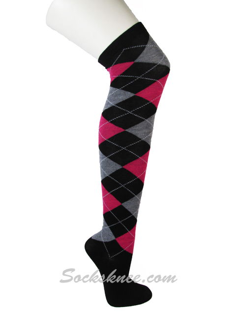 Black Hot Pink Gray Over Knee Argyle Thigh High Socks - Click Image to Close