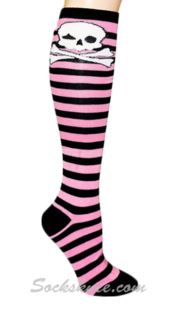 Black Pink Striped Women Skull Socks Knee High - Click Image to Close