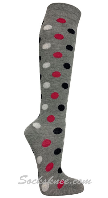 Black / Pink / White Polka Dots Gray Women Knee High Socks - Click Image to Close
