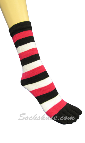 Black,Hot Pink,White Quarter ~ Midcalf Striped Toed Toe Socks