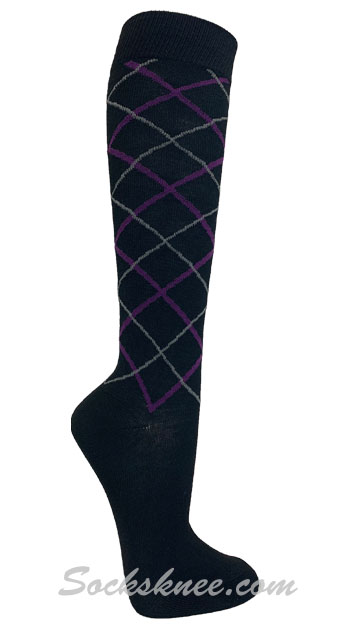 Black with Purple / Silver Line Argyle Women knee High Socks - Click Image to Close