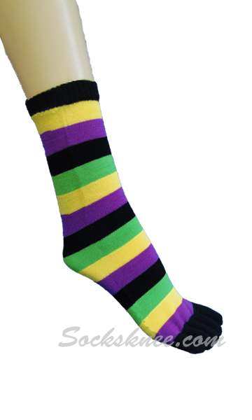 Black, Purple, Bright Yellow Women Mid-Calf Striped Toe Socks - Click Image to Close