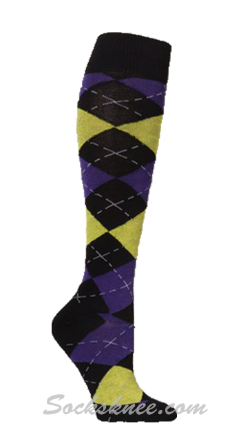 Black / Purple / Yellow Women Argyle Knee High Socks - Click Image to Close