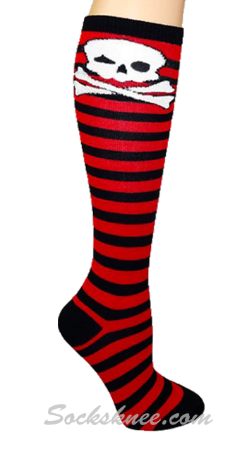 Black Red Striped Women Skull Socks Knee High - Click Image to Close
