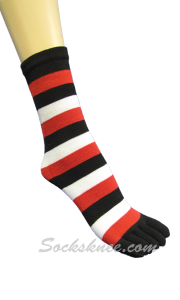 Black, Red, White Quarter ~ Midcalf Striped Toed Toe Socks - Click Image to Close