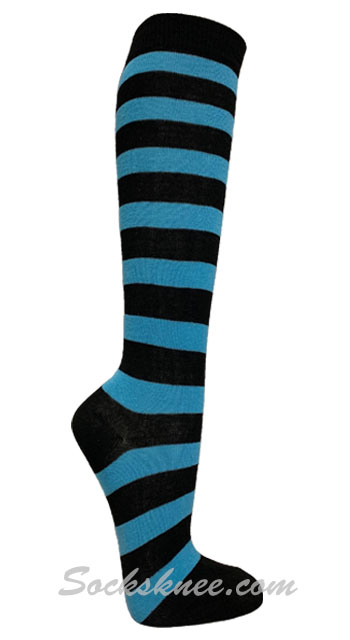 Black / Sky Blue Women Wider Striped Knee Socks - Click Image to Close