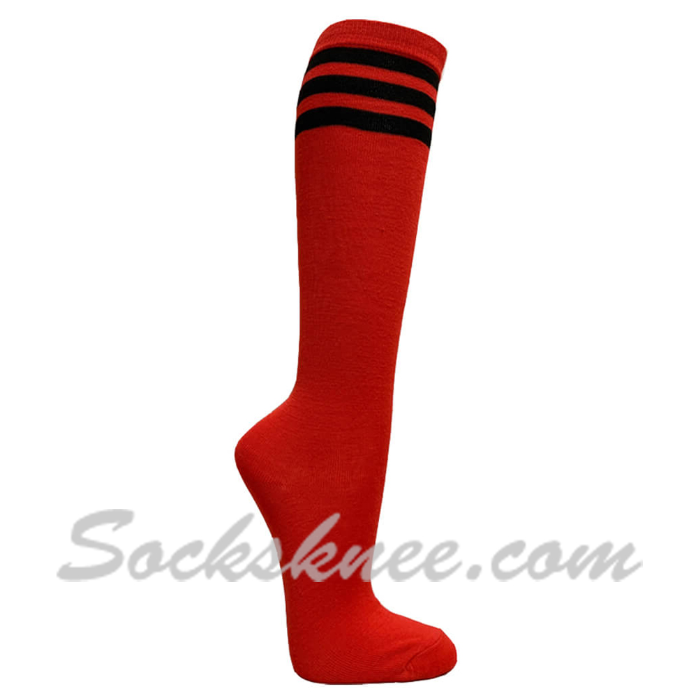 Girls/Ladies Red Triple Black Stripes top Knee High Socks - Click Image to Close