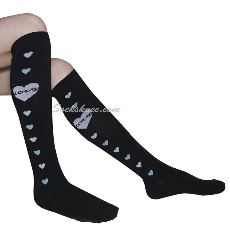 Black Women Cotton High Socks with Light Blue Heart and Love - Click Image to Close
