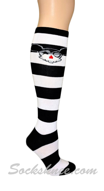 Striped Cute Anime Skull Knee High Socks - White / Black - Click Image to Close