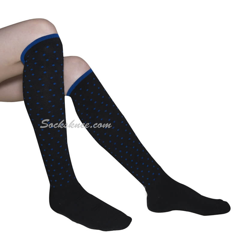 Black with tiny Blue Dots Women Cotton Knee High Socks - Click Image to Close