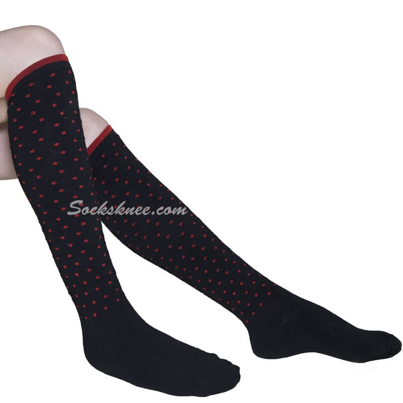 Black with tiny Red Dots Women Cotton Knee High Socks - Click Image to Close