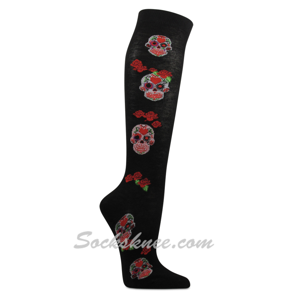 Women's Day of the Dead Sugar Skulls & Red Roses Black Novelty Knee High Socks - Click Image to Close