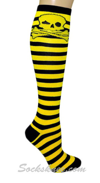 Black Yellow Striped Women Skull Socks Knee High - Click Image to Close