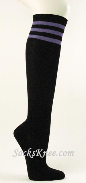 Black with Lavender 3line striped knee high socks - Click Image to Close
