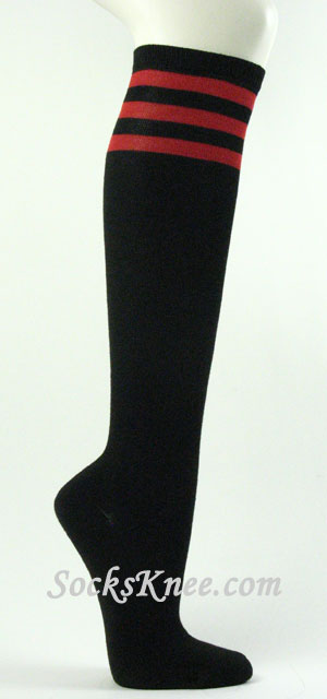 Black with Dark Red 3line striped knee high socks - Click Image to Close
