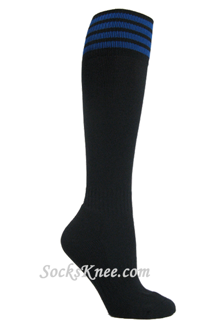 Black Youth Football/Sports knee socks with Blue stripes - Click Image to Close