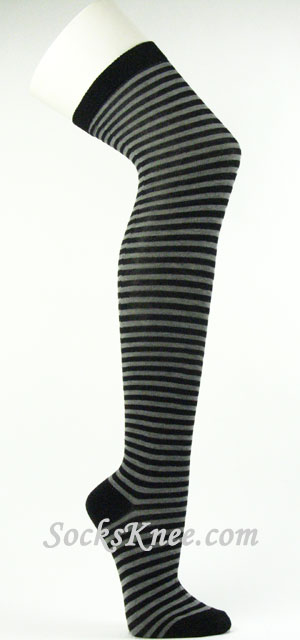 Black and Charcoal Gray Thin Over Knee striped socks - Click Image to Close