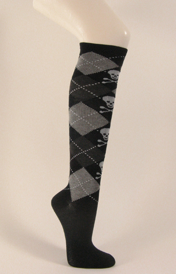 Black argyle knee socks with skull and crossbones - Click Image to Close