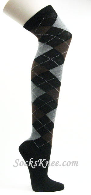 Black with Brown gray socks over knee argyle - Click Image to Close
