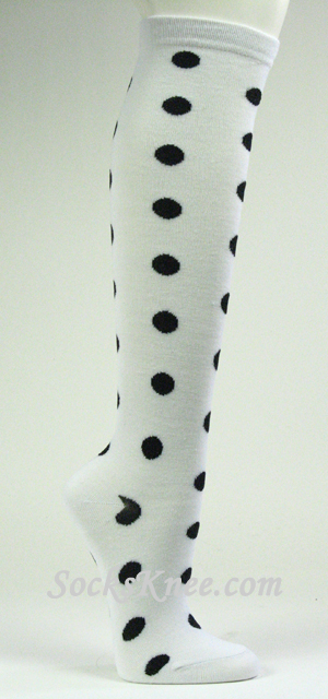 Black Dotted White Knee High Socks for Women - Click Image to Close
