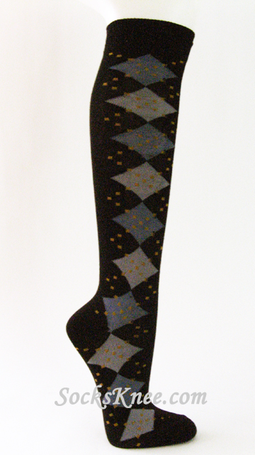 Black Gray Light Grey Women's Argyle Knee Socks - Click Image to Close