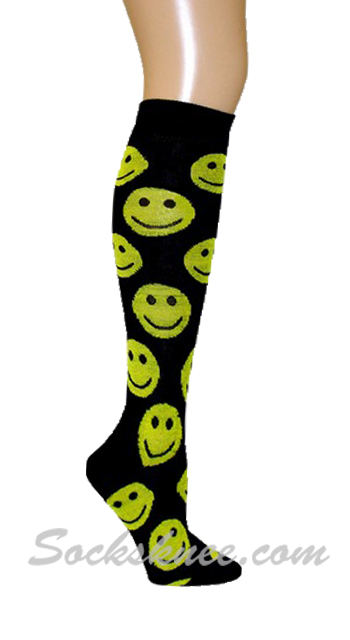 Happy Face Black Knee High Fashion Socks - Click Image to Close