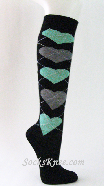 Black with Turquoise & Gray Hearts Knee Socks for Women - Click Image to Close