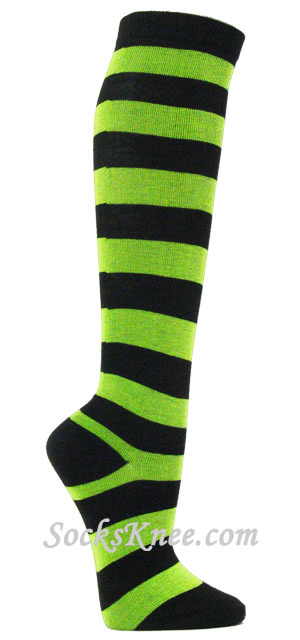 Black x Bright Lime Green Stripes Knee Hi Socks for Women - Click Image to Close