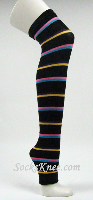 Black Pink Pink Yellow Turquoise Blue Striped Long Leg Warmer - Click Image to Close