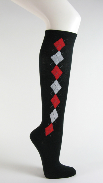 Black with red and white argyle socks knee high - Click Image to Close
