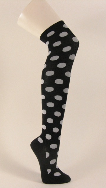 Black socks over knee with large white polka dots