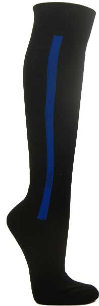 Black mens knee socks with blue stripe for baseball and sports - Click Image to Close