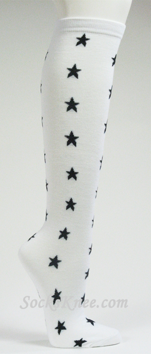White with Black Small Star Logo / Symbol Knee High Socks - Click Image to Close