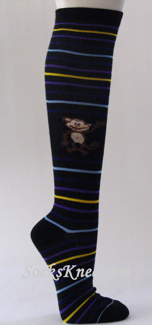 Black Striped Knee High Socks with Monkey Logo/Symbol, Thick - Click Image to Close