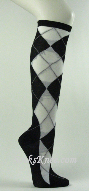 Black White Dark Green Large Argyle Knee Socks