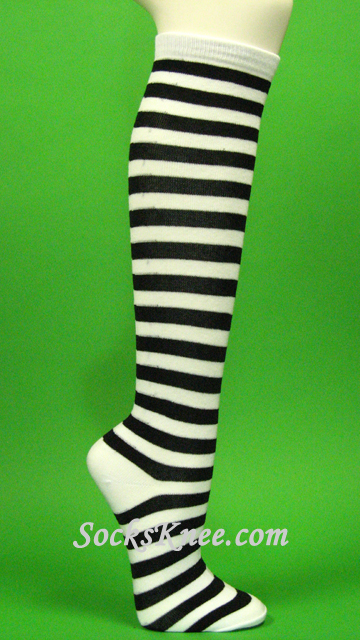 Black and White Thin Striped Knee Hi Socks for Women - Click Image to Close