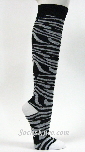 Black White Zebra Striped Women's High Knee Socks - Click Image to Close
