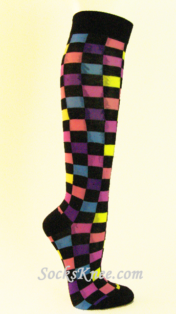 Black with Pink Purple Yellow Plaid Knee Socks for Women - Click Image to Close