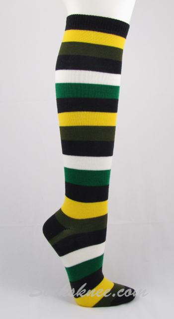 Black Yellow White Green Striped Knee Socks, Thick - Click Image to Close