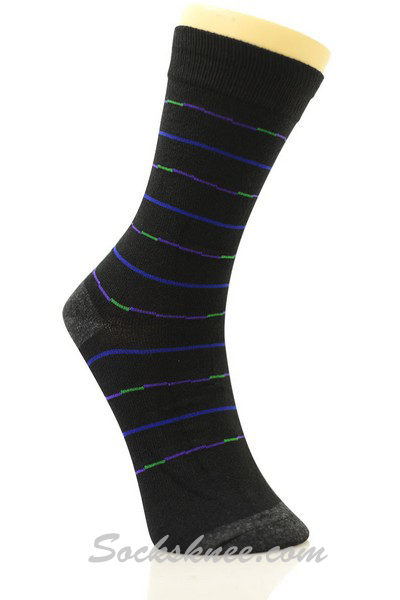 Blue Green Purple Lines in Black Mens Dress Socks