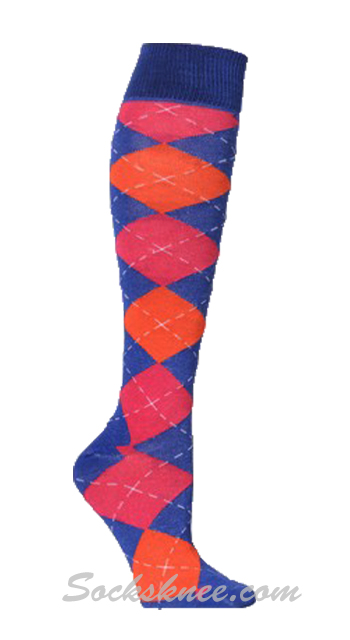 Blue / Hot Pink / Orange Women Argyle Knee High Socks - Click Image to Close