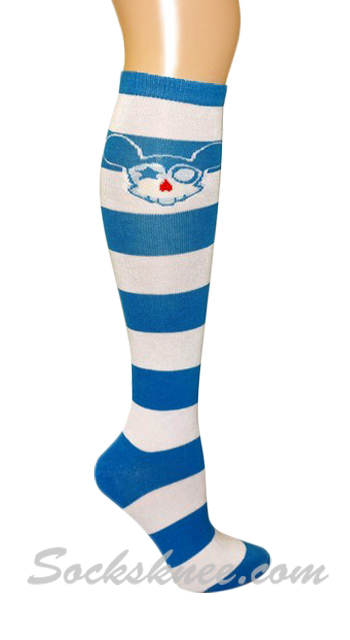 Striped Cute Anime Skull Knee High Socks - White / Bright Blue - Click Image to Close