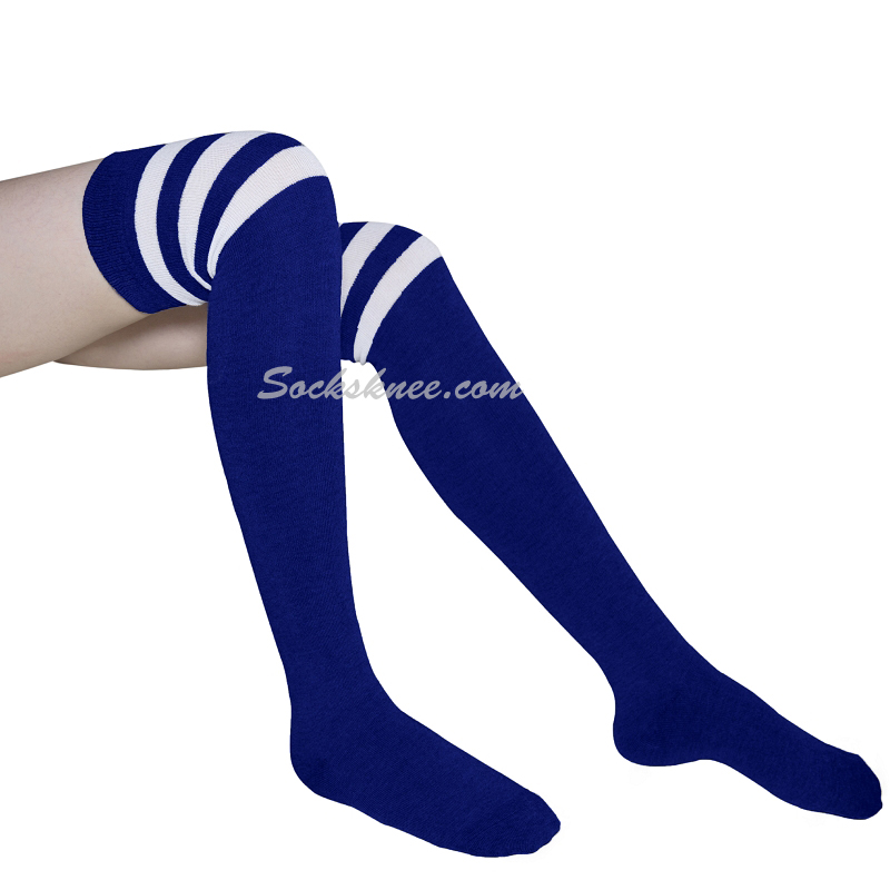 Blue with White Triple Stripes Women Cosplay Over Knee Socks - Click Image to Close
