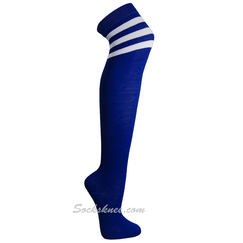Blue with White Triple Stripes Women Cosplay Over Knee Socks