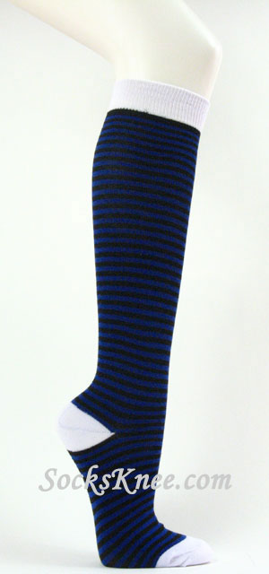 Blue and Black with white welt thin striped knee high socks - Click Image to Close