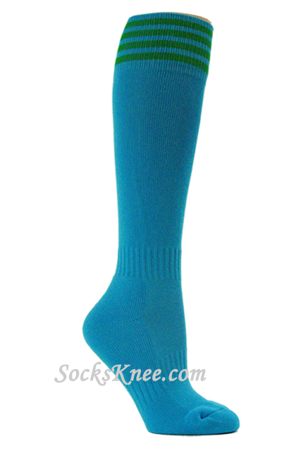 Bright Blue and Green Kid/Youth Football/Sports Sport High Socks - Click Image to Close