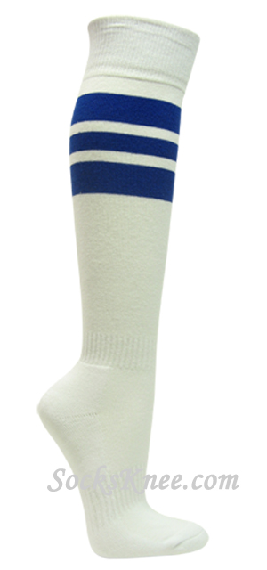 White cotton knee socks with blue stripes for sports - Click Image to Close