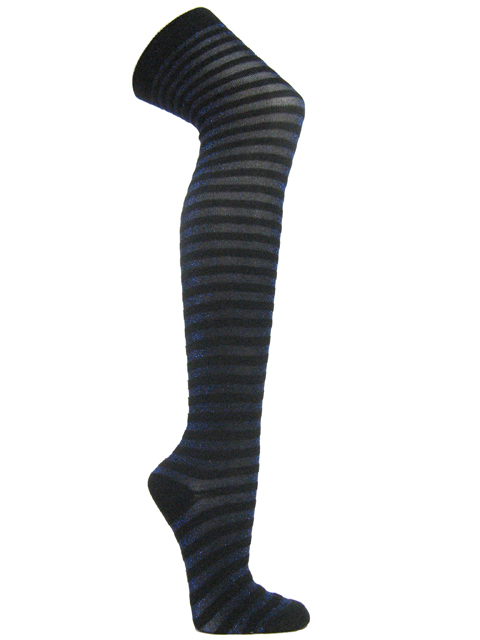 Blue black glitter sparkling striped over knee socks - Click Image to Close